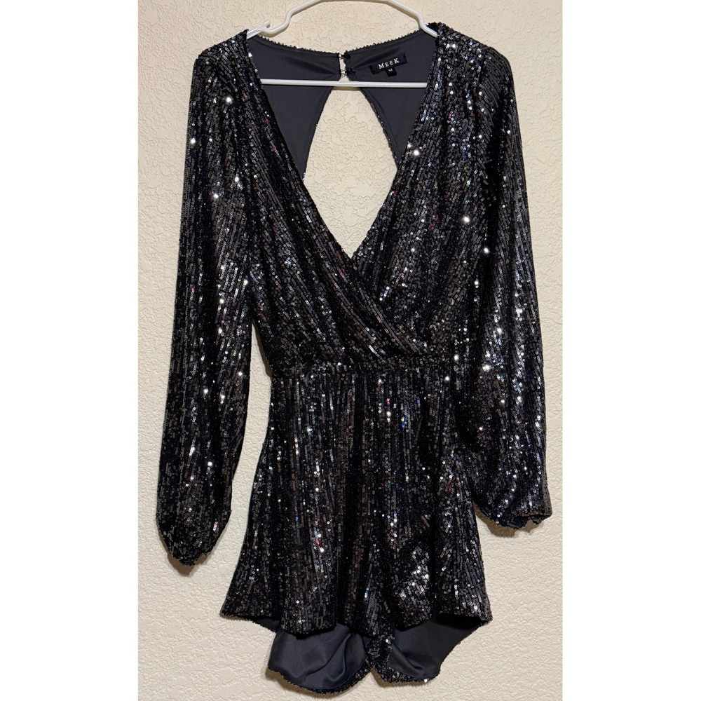 MEEK Womens Black Sequin Long Sleeve Open Back Wrap Romper M Festival Concrt